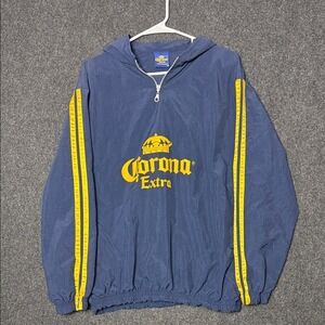 Corona Extra Windbreaker Jacket Mens L/XL Navy Blue Yellow Quarter Zip Pullover
